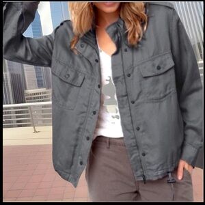 Military Jacket Zip & Snap Button Closure & Flip Snap Pockets Denim Cuff Rolls